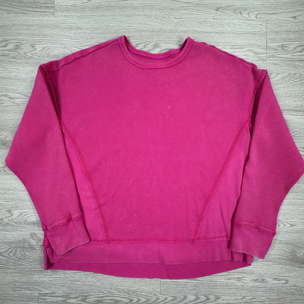 Seven7 Women's Pullover Top XL Pink Waffle Knit Acid Wash Long Sleeve Crewneck